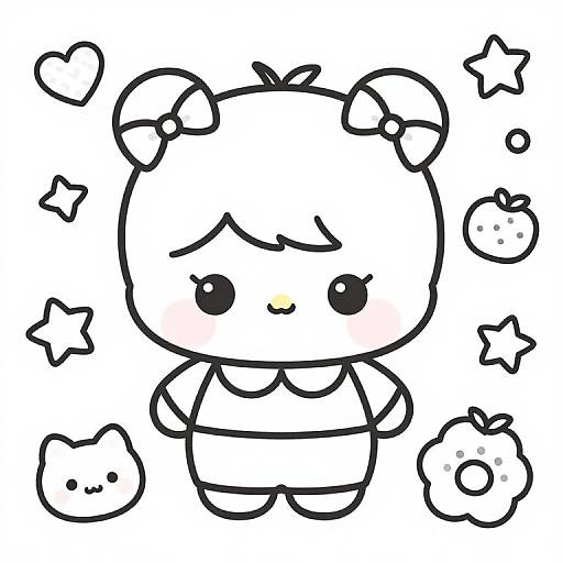 Cute black-and-white digital drawing of a chibi-style bear girl with two pigtails, small eyes, and a smiling face, surrounded by