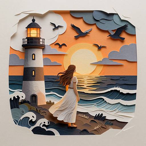 Surreal Lighthouse Scene in Paper Art