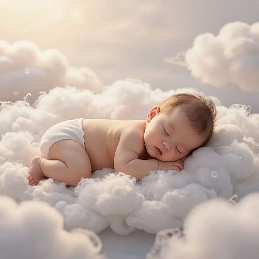 Photograph of a sleeping baby with closed eyes, lying on fluffy white clouds, wearing a white diaper, bathed in soft sunlight.