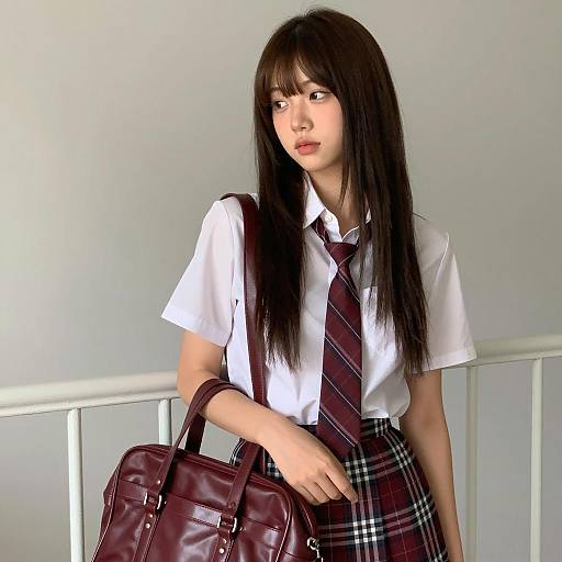 Asian Schoolgirl in Uniform with Maroon Leather Bag