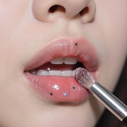 Close-up of glossy lips with glitter and rhinestones