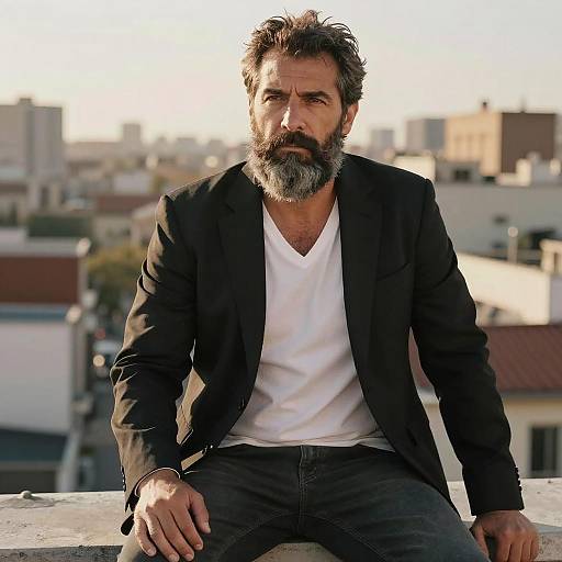 Photograph of a bearded, middle-aged man with gray hair, wearing a black blazer and white shirt, sitting on a rooftop, cityscape