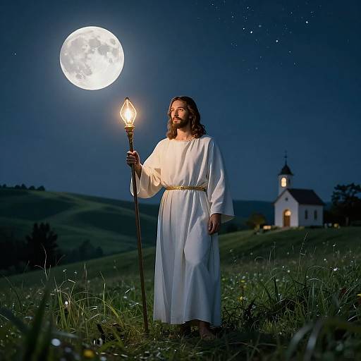 Photograph of Jesus in a white robe, holding a lit torch, standing under a full moon, with a small church in the background. Nighttime