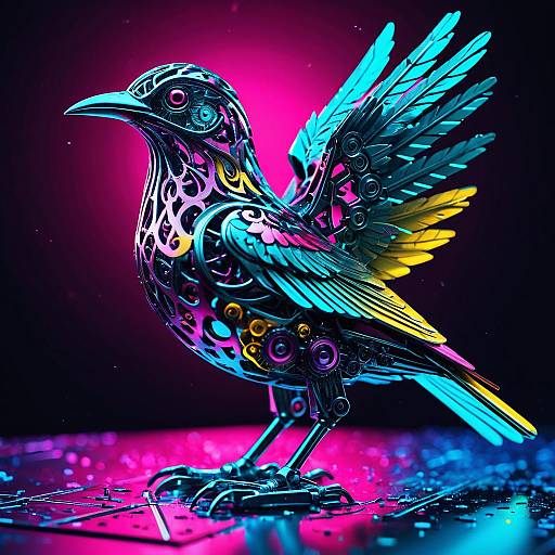 Neon Synthwave Mechanical Bird Figurine