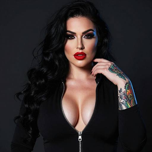 Photograph of a striking woman with long black hair, bold red lipstick, heavy makeup, and a black zip-up top exposing cleavage, showcasing a