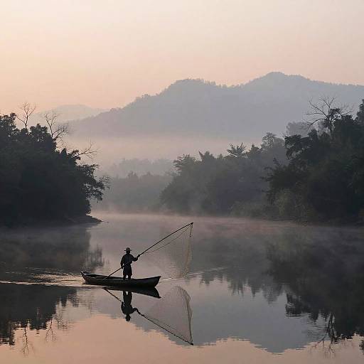 Silhouetted fisherman in small boat with net on calm, reflective river at dawn, surrounded by misty forest and distant mountains.