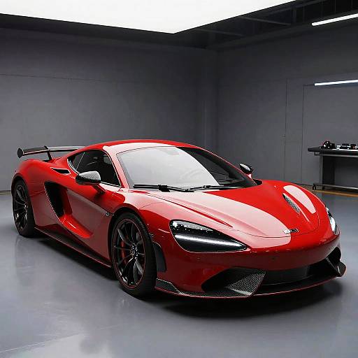 Photograph of a sleek, vibrant red Porsche 918 Spyder with black accents and low-profile tires, parked in a modern, minimalist gray-walled