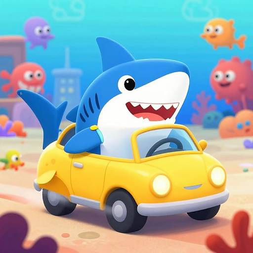 Cartoon blue shark driving a yellow toy car underwater, surrounded by colorful animated fish and coral, with a sunny ocean background.