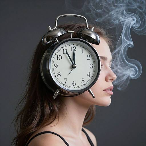 Photograph of a woman with long brown hair, wearing a black top, with an alarm clock on her head, smoking white smoke, against a dark