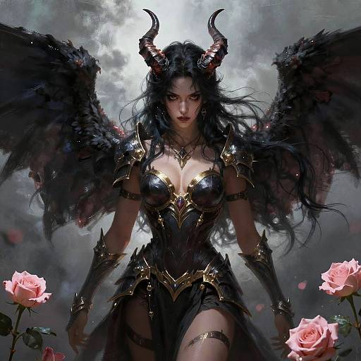 Digital painting of a dark, demonic woman with black wings, horns, and armor, surrounded by pink roses, in a misty, moonlit background