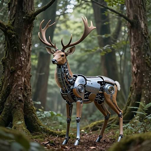 Photograph of a metallic, robotic deer with large antlers standing in a lush, moss-covered forest, blending natural and futuristic elements.