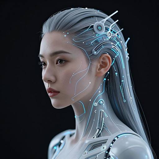 Digital artwork of a futuristic, cybernetic woman with glowing blue circuitry on her head and neck, pale skin, long silver hair, and a