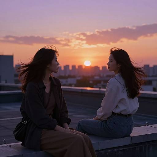 Photograph of two women with long hair, sitting on a rooftop at sunset. One wears a brown dress, the other a white blouse and blue jeans
