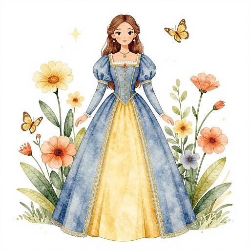 Watercolor illustration of a fair-skinned woman with brown hair in a blue and yellow Renaissance-style dress, surrounded by orange flowers and butterflies.