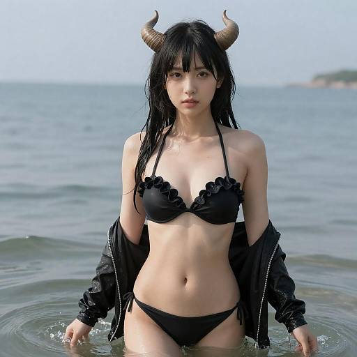 Woman in Black Bikini with Horns in Water