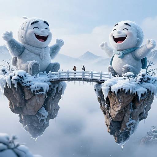 CGI image of two large, smiling, white, cartoonish Yeti-like creatures with arms raised, standing on snow-covered cliff tops, separated by