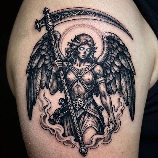 Black and gray tattoo of a winged, glowing-eyed female figure holding a scythe, adorned in armor and surrounded by flames.