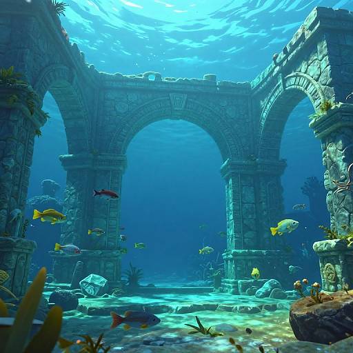 Photorealistic digital artwork of an underwater ruin with blue-tinted light, stone arches, colorful fish, and coral, surrounded by scattered rocks