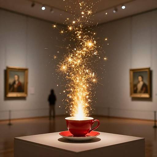 Photograph of a red cup on a white pedestal in a museum, with sparkling fireworks-like light emerging, surrounded by portraits.