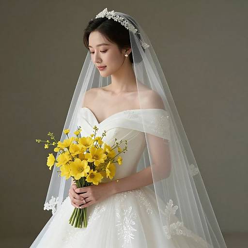 Photograph of an Asian bride in an off-shoulder white lace wedding dress with floral embroidery, holding a bouquet of yellow flowers, wearing a delicate