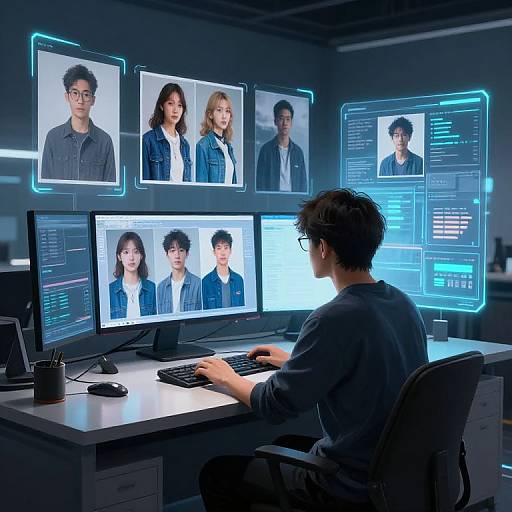 Photograph of a man in glasses, seated at a desk, working on multiple glowing blue screens displaying portraits of six diverse individuals. Neon-lit futuristic