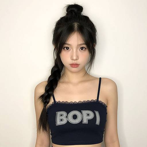 Photograph of an Asian woman with long black hair in a top knot and braid, wearing a black crop top with 