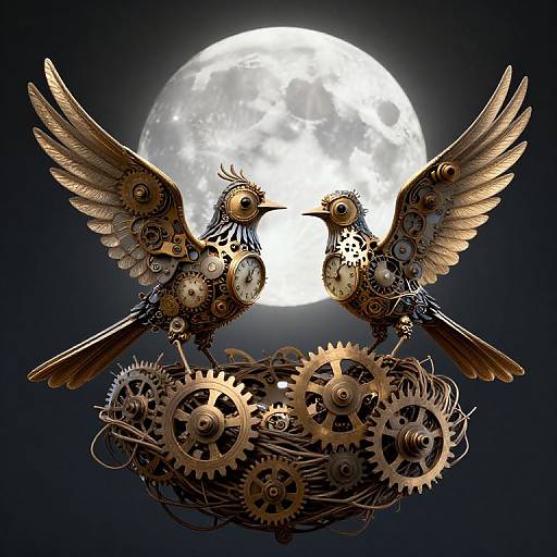 Steampunk-style illustration of two mechanical bird-like creatures with golden wings, gears, and clockwork details, standing on interlocking gears against a bright