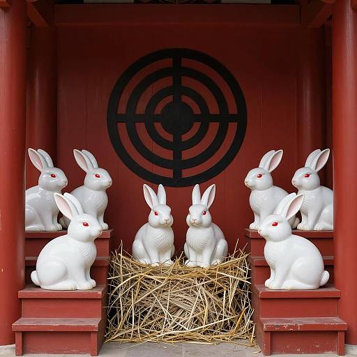 Symmetrical Red Shrine with Rabbits