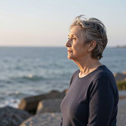 Photograph of an elderly woman with short gray hair, wearing a black sweater, standing by a rocky seaside, looking pensively at the horizon during sunset
