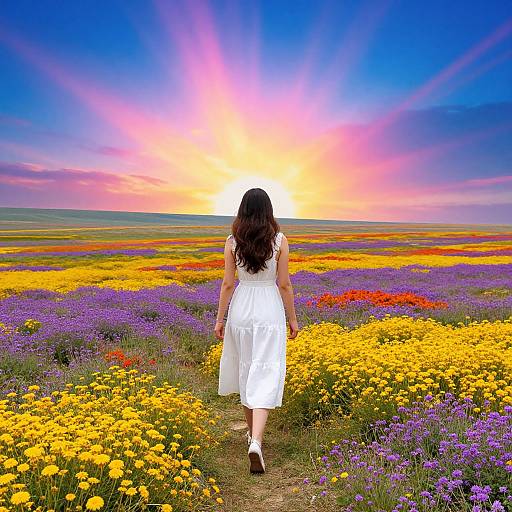 Photograph of a woman with long brown hair in a white dress walking away in a vibrant, colorful flower field at sunset.