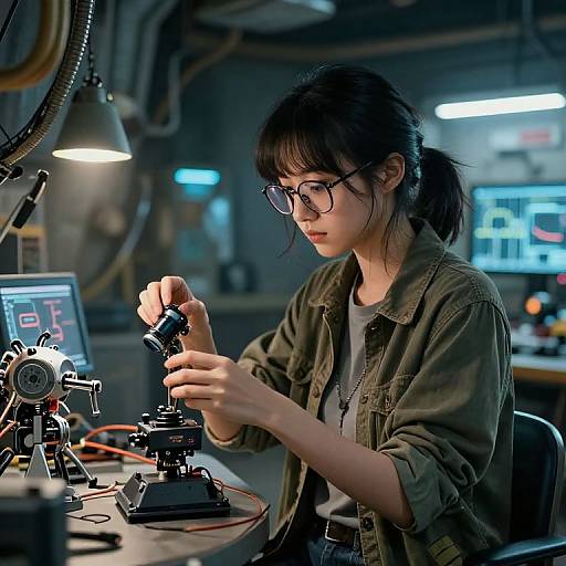Photograph of an Asian woman with black hair in a ponytail, wearing glasses and a green jacket, working on a camera in a dimly lit