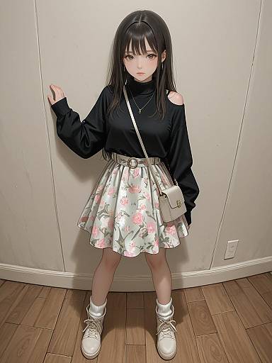 Anime-style digital drawing of a young girl with long black hair, wearing a black turtleneck, floral skirt, white sneakers, and a small cross