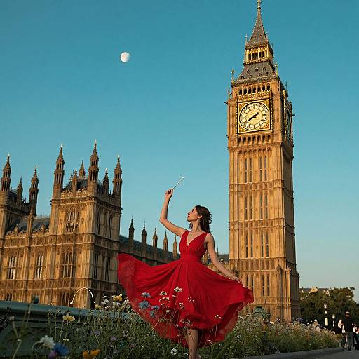 Photograph of a woman in a flowing red dress, throwing a white feather, in front of the British Parliament and Big Ben at sunset, with a