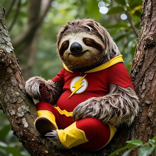 Sloth Dressed as The Flash Sitting in Tree