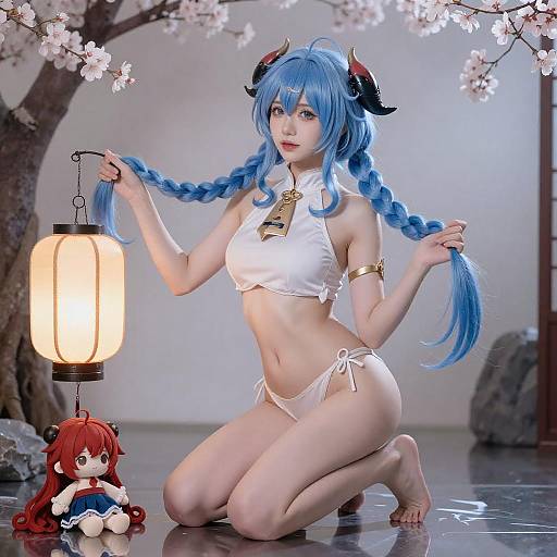 Cosplay Woman with Blue Hair and Lantern