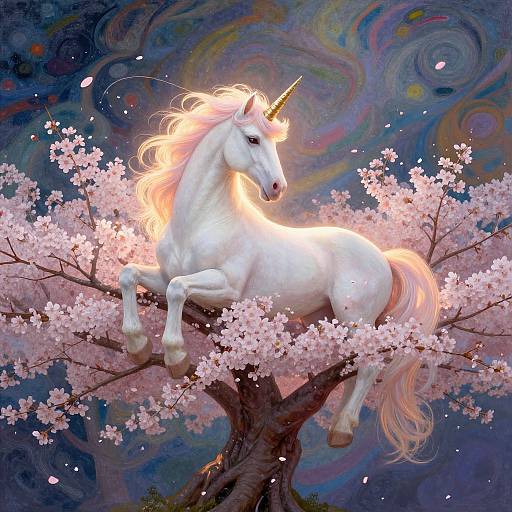 Digital painting of a glowing white unicorn with a golden mane and horn, leaping from a cherry blossom tree against a swirling, colorful, dreamy background