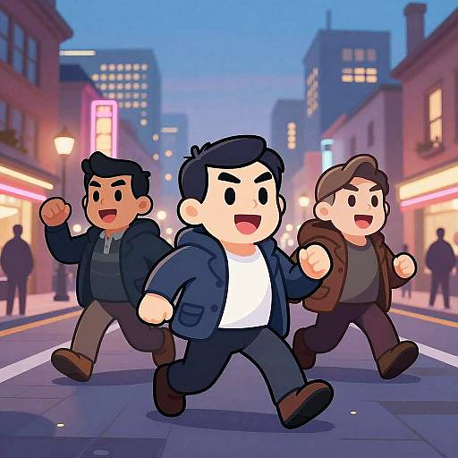 Digital cartoon of three excited, stylized men with dark hair, running down a neon-lit, urban street at dusk.