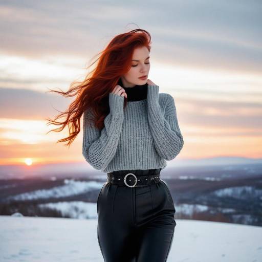 Red-haired woman in winter landscape at sunset
