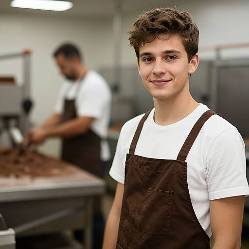 Young male chocolate maker in white shirt and brown apron smiles in a blurred industrial kitchen, another male works in background.