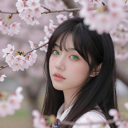 Dreamy Girl with Green Eyes and Cherry Blossoms