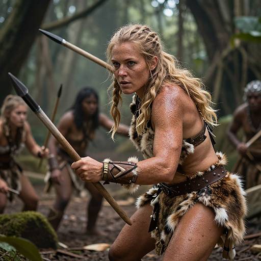 Photograph of a fierce, blonde, muscular woman with braided hair, wearing a fur loincloth and holding a spear, surrounded by other tribal