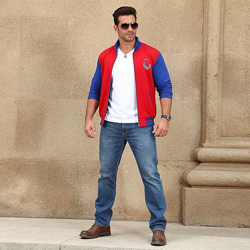 Photograph of a handsome man with dark hair, sunglasses, and stubble, wearing a red and blue varsity jacket, white shirt, blue jeans
