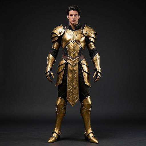 Photograph of a muscular man with short black hair, wearing gold medieval-style armor with black underlayers, standing against a dark background.