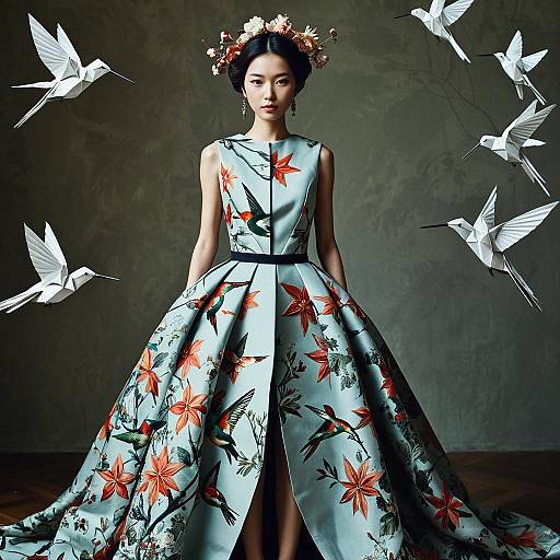Elegant Woman in Origami Hummingbird Dress
