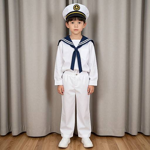 Photograph of a young boy in a white sailor outfit with navy accents, standing against gray curtains on wooden floor.