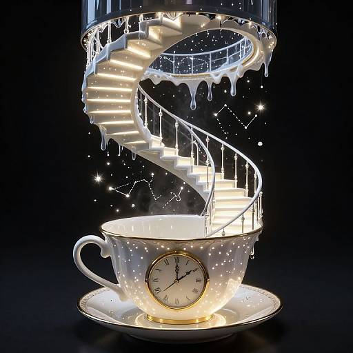 Photograph of a glowing, spiral staircase made of illuminated lights emerging from a white, gold-rimmed teacup with a clock on a black