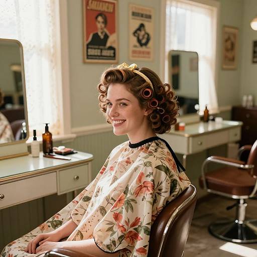 Vintage photograph of a smiling woman with curly hair in floral robe, sitting in 1950s-style hair salon with retro posters.