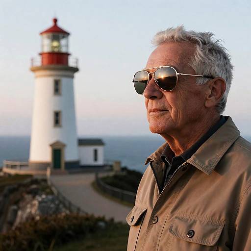 Retired Aviator by Lighthouse at Twilight