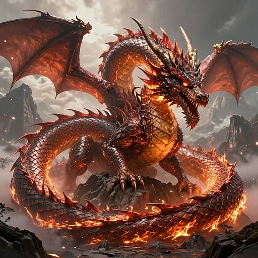 Digital artwork of a fierce, red and black dragon with glowing, fiery scales, towering over a rocky mountainous landscape under a stormy sky.