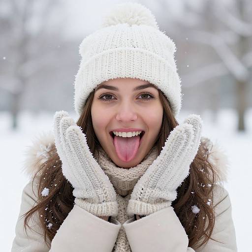 Photograph of a smiling young woman with long brown hair, white knit hat, gloves, and scarf, sticking out her tongue in a snowy, blurred